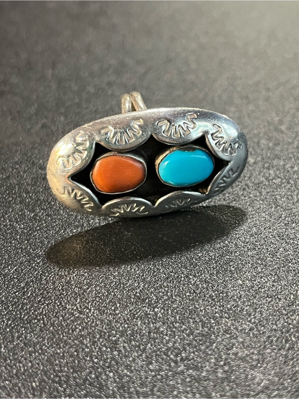 Sterling Silver turquoise and coral shadow box ring. Sz 6.25.  Long ring.